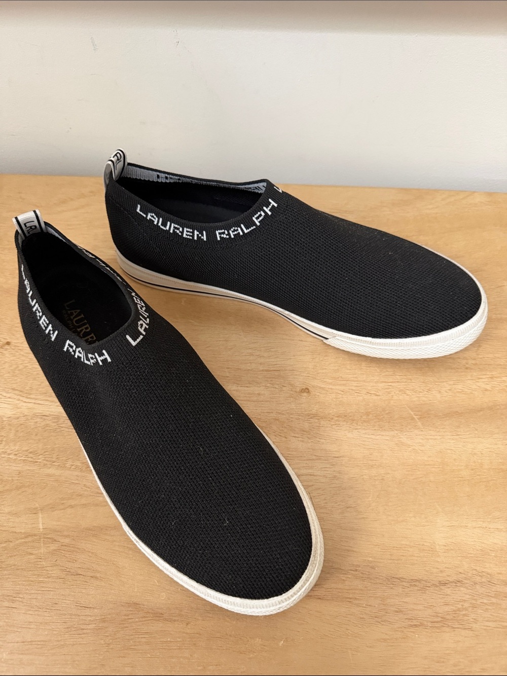 Lauren Ralph Lauren Black Knit Slip-On Sneakers with White Trim
